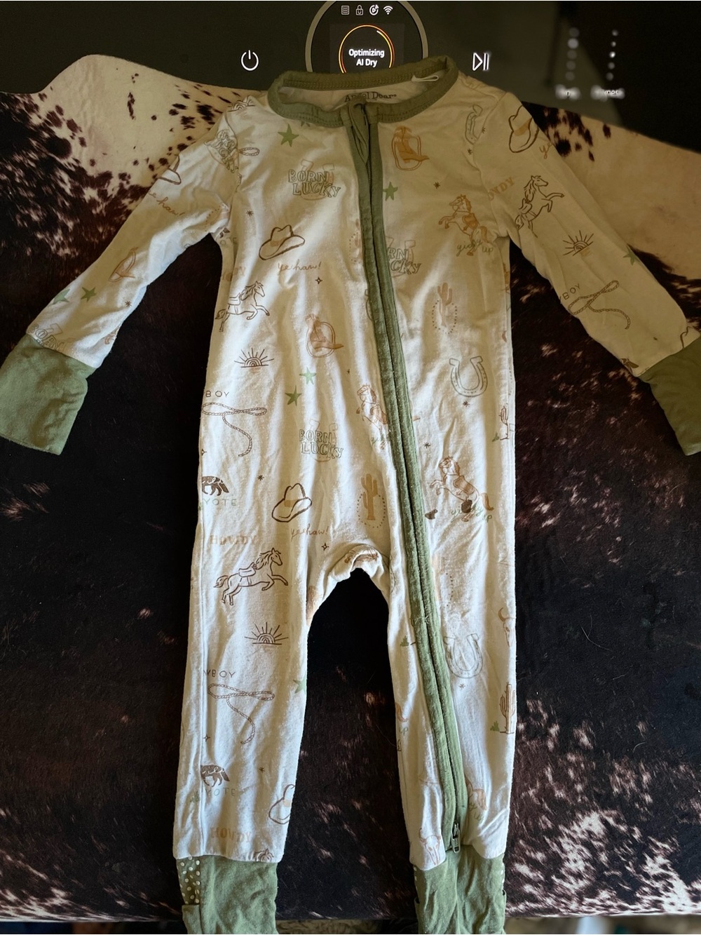 Angel Dear Cream and Olive Western Print Zip One-Piece Footie